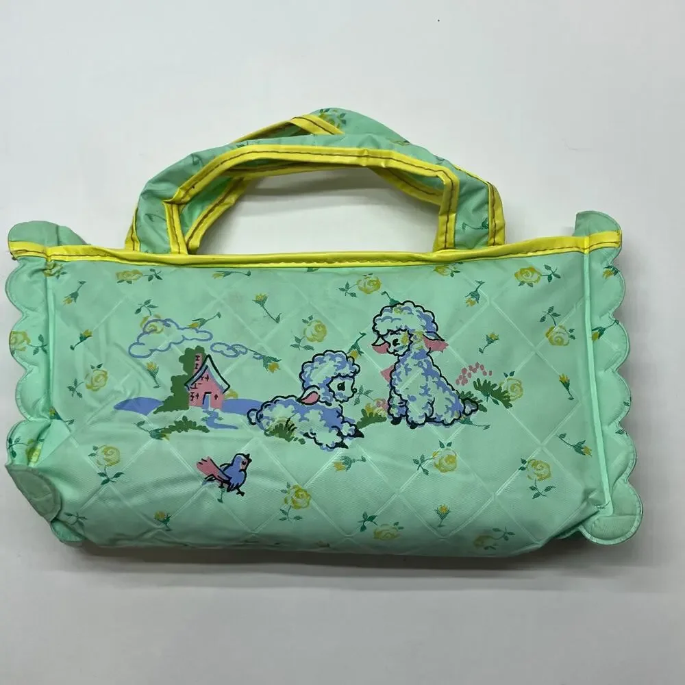 Vintage Lamb Cottage Print Quilted Vinyl Travel Bag Mint Green Yellow Retro Case